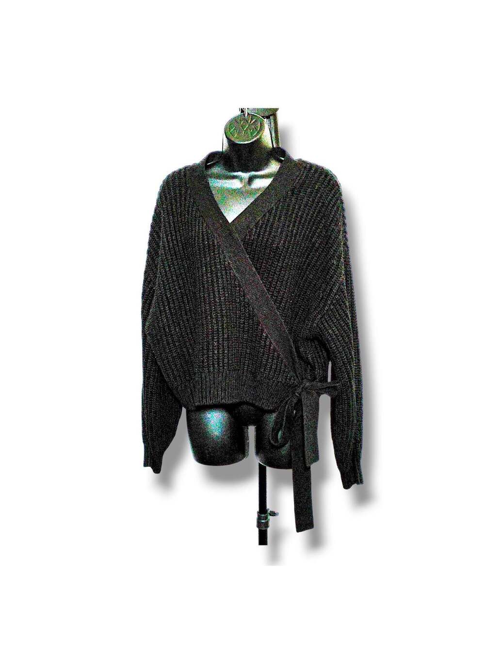 H&M Divided Cardigan Chunky Knit Wrap Tie Waist XL Black